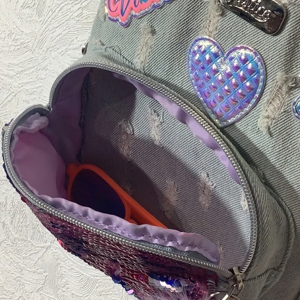 Justice - distressed denim mini bagpack - reverse sequins - letter M and more